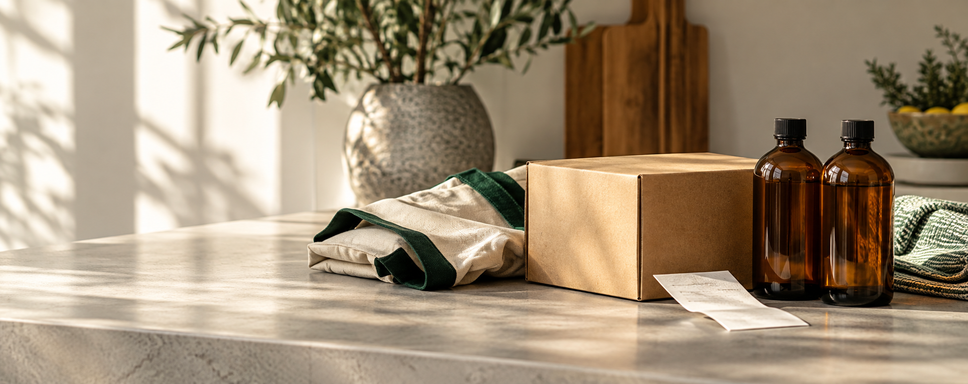 A parcel, reusable bag, and household bottles on a sunlit countertop